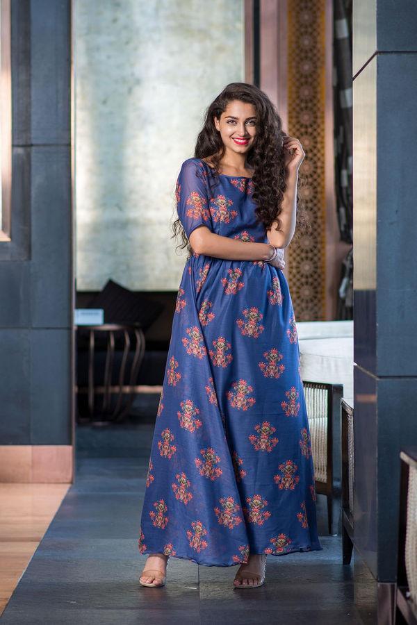 Women's Printed Long Dress Dark Blue (1pc) - Label Shaurya Sanadhya