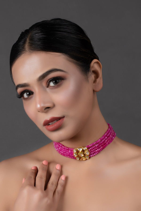 Women's Pink Gold Tone Kundan Beaded Choker Necklace  - Femizen