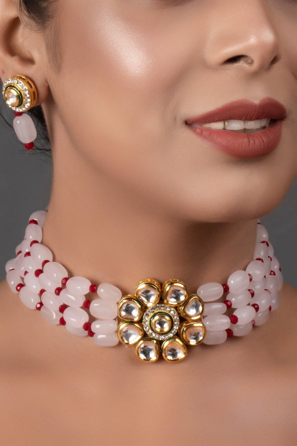 Women's Pink Mahroon Beaded Gold Tone Kundan Inspired Choker Necklace With Earrings   - Femizen