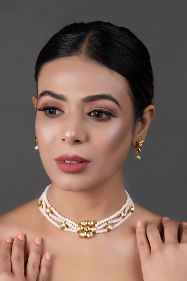 Women's White Gold Tone Kundan Onyx Choker Necklace With Earrings  - Femizen