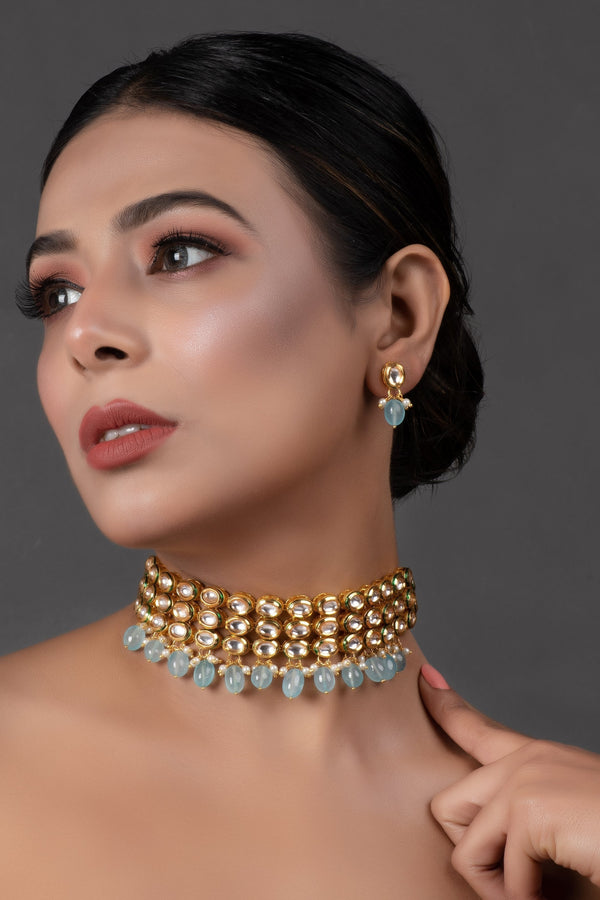 Women's Blue Gold Tone Kundan Beaded Choker Necklace With Earrings  - Femizen