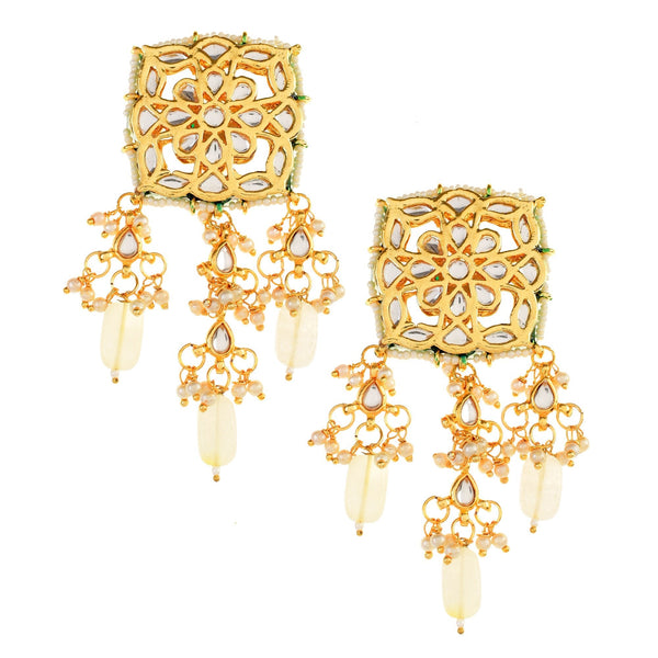 Women's Cream Gold Toned  Kundan Earrings - Femizen