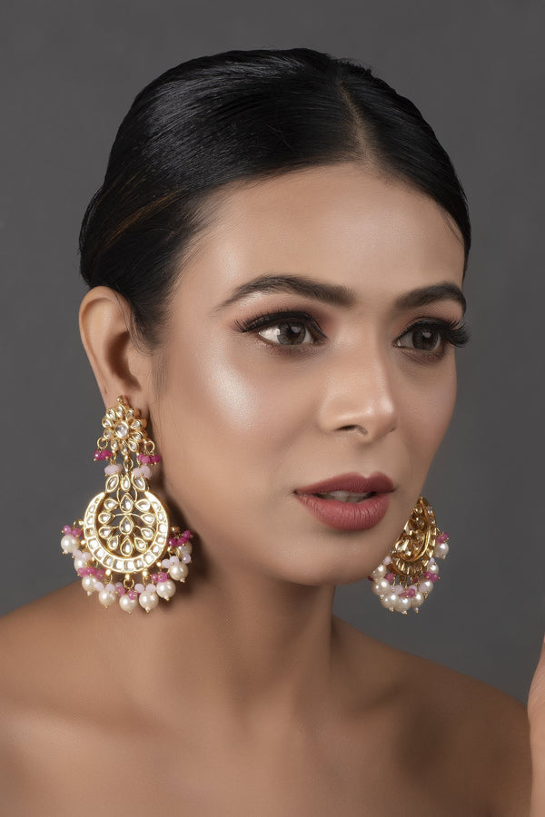 Women's Pearl & Pink Beaded Gold Toned Kundan Earrings - Femizen