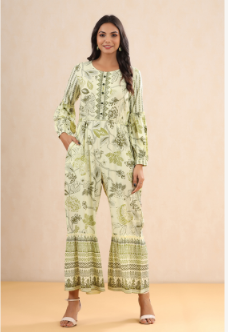 Women's Light Olive Rayon Printed Ethnic Jumpsuit with Belt - Juniper