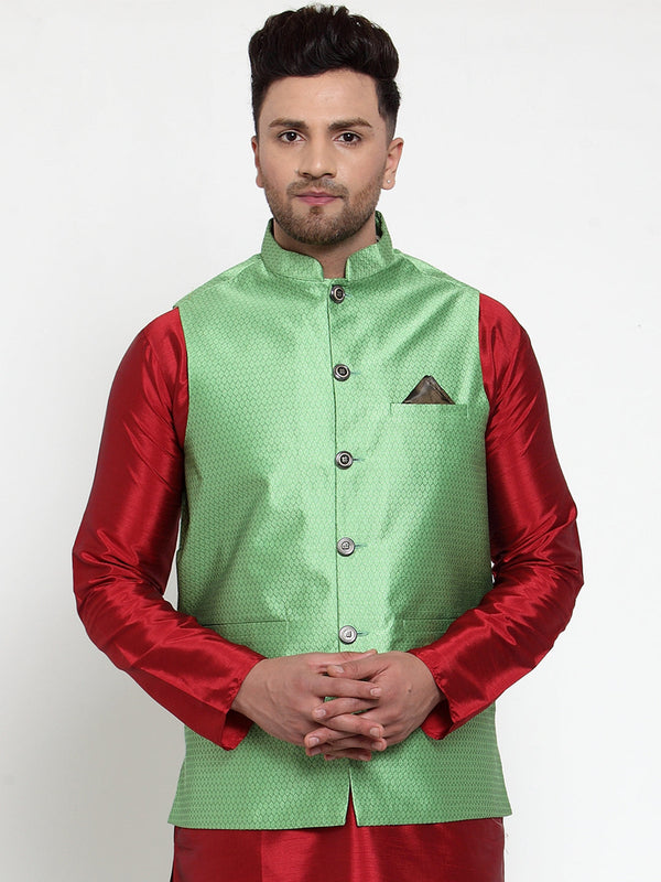 Men's Green Woven Jacquard Nehru Jacket ( JOWC 4017Green ) - Virat Fashions