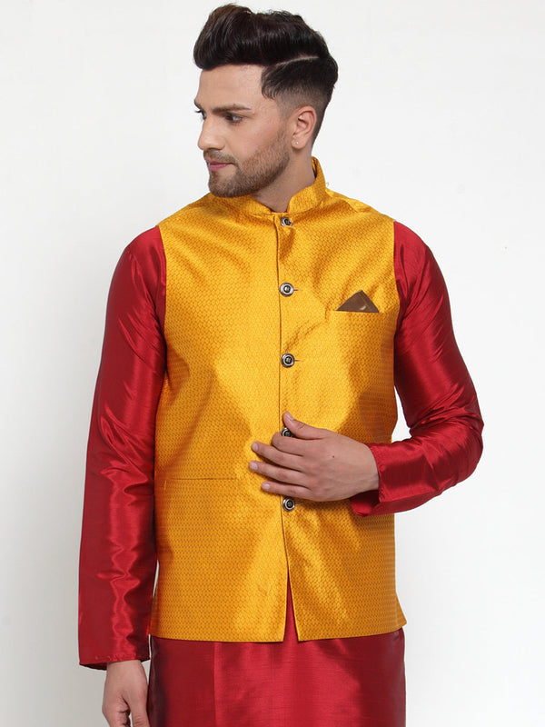 Men's Yellow Woven Jacquard Nehru Jacket ( JOWC 4017Yellow ) - Virat Fashions