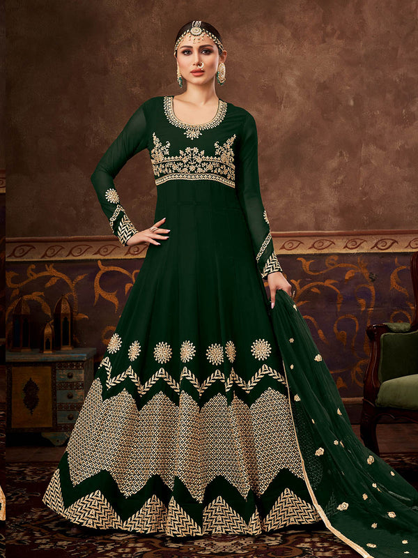 Women's Deep Green Real Georgette Embroidered Anarkali Suit - Myracouture
