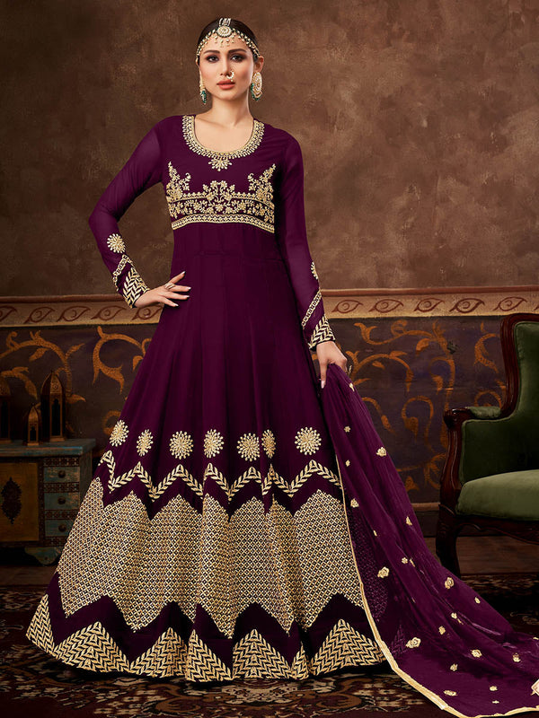 Women's Wine Real Georgette Embroidered Anarkali Suit - Myracouture