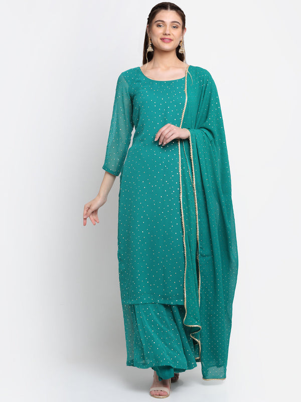 Women's Sparkling Green Hues Georgette Foil Straight Kurti With Palazzo And Dupatta - Anokherang