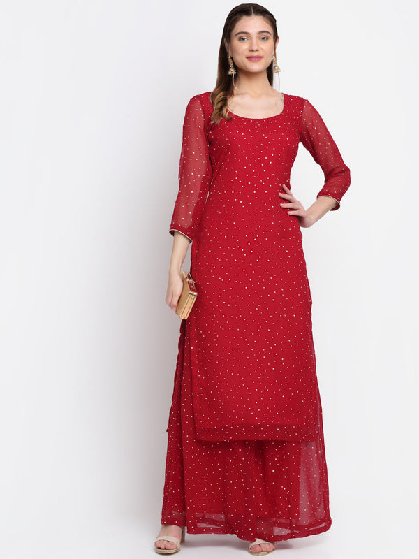 Women's Sparkling Red Hues Georgette Foil Straight Kurti With Palazzo - Anokherang