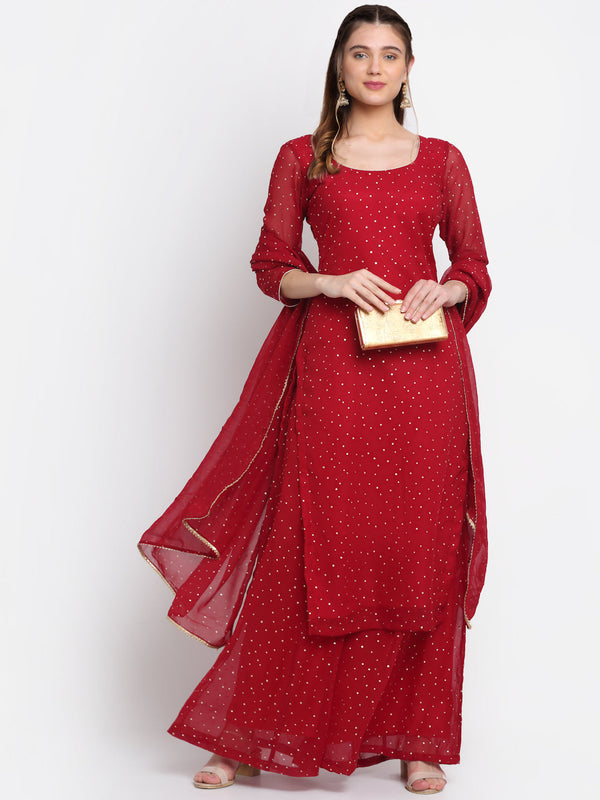 Women's Sparkling Red Hues Georgette Foil Straight Kurti With Palazzo And Dupatta - Anokherang