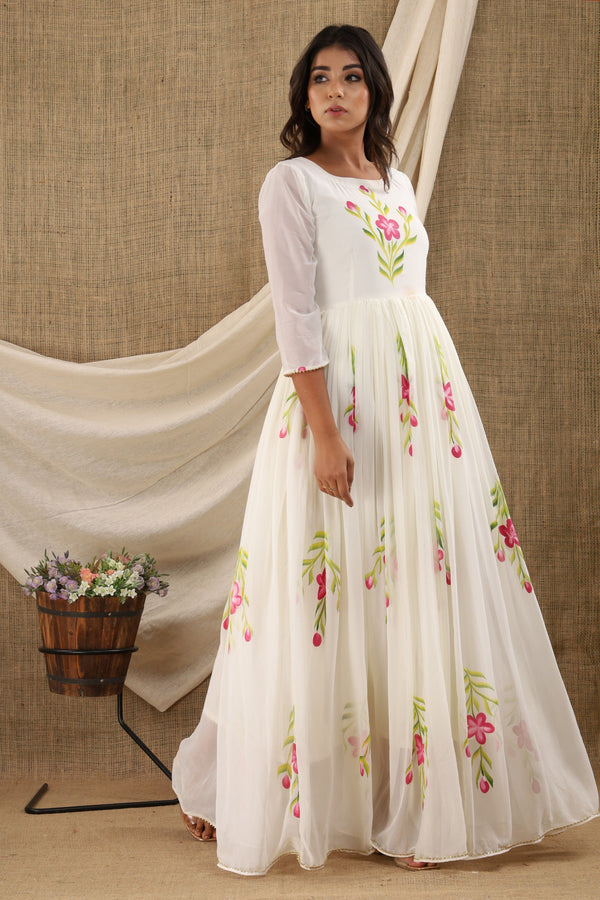 Women's White Chiffon Anarkali Dress (1Pc) - Saras The Label