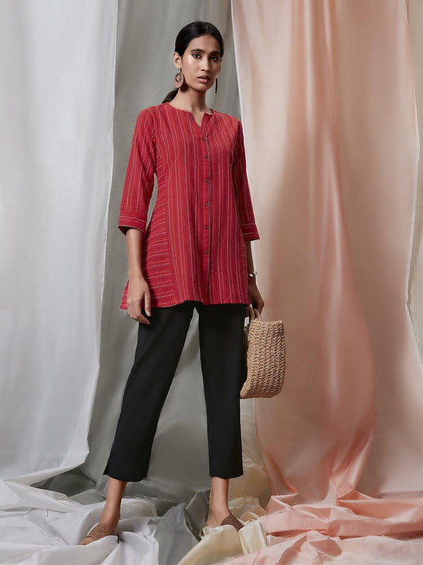 Women's Red Weaved Cotton Top-Janasya