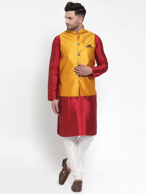 Men's Solid Dupion Kurta Pajama with Woven Nehru Jacket ( JOKPWC M-D 4017Yellow ) - Virat Fashions