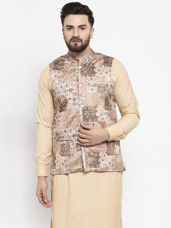 Men's Beige Printed Satin Nehru Jacket ( JOWC 4007 Beige) - Virat Fashions
