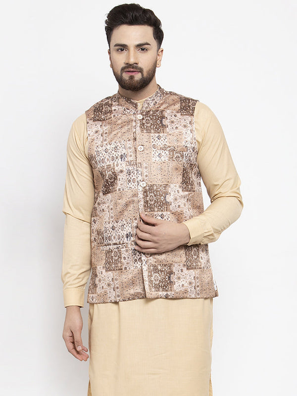 Men's Beige Printed Nehru Jacket ( JOWC 4007Beige ) - Virat Fashions