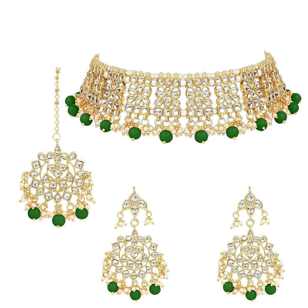 Women's Gold Plated Green Kundan & Pearl Studded Choker Jeweller Set with Earrings & Maang Tikka - i jewels