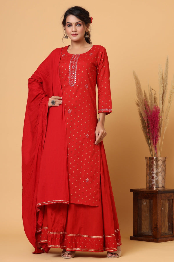 Women's Red Gold Print Suit Set - KAAJH