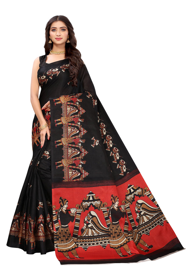 Women's Black Khadi Silk Printed Saree - Dwija Fashion - Indiakreations