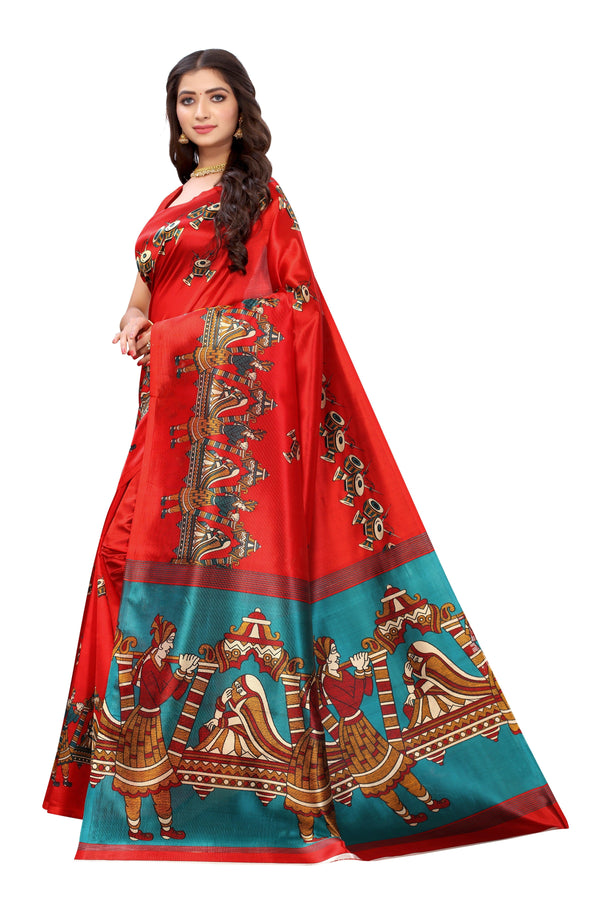 Women's Red Khadi Silk Printed Saree - Dwija Fashion - Indiakreations