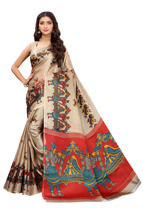 Women's Brown And Red Khadi Silk Printed Saree - Dwija Fashion - Indiakreations