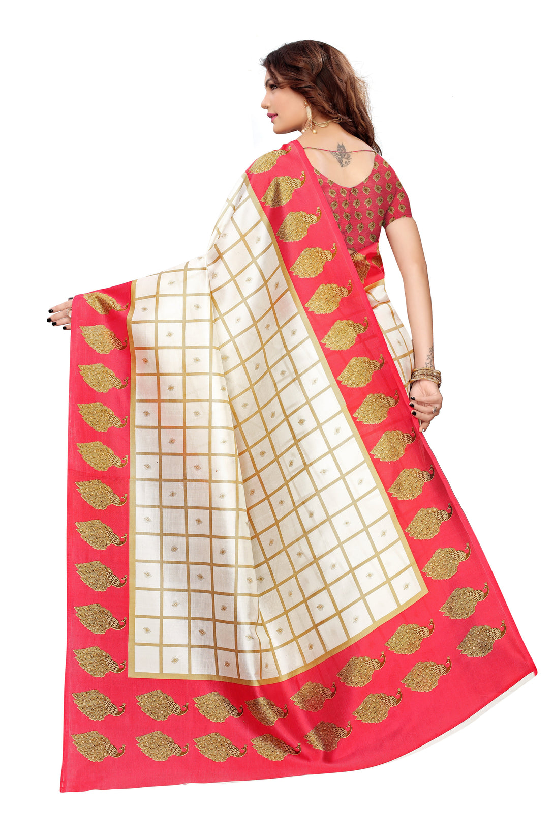 Women's Off White And Red Lichi Silk Printed Saree - Dwija Fashion - Indiakreations