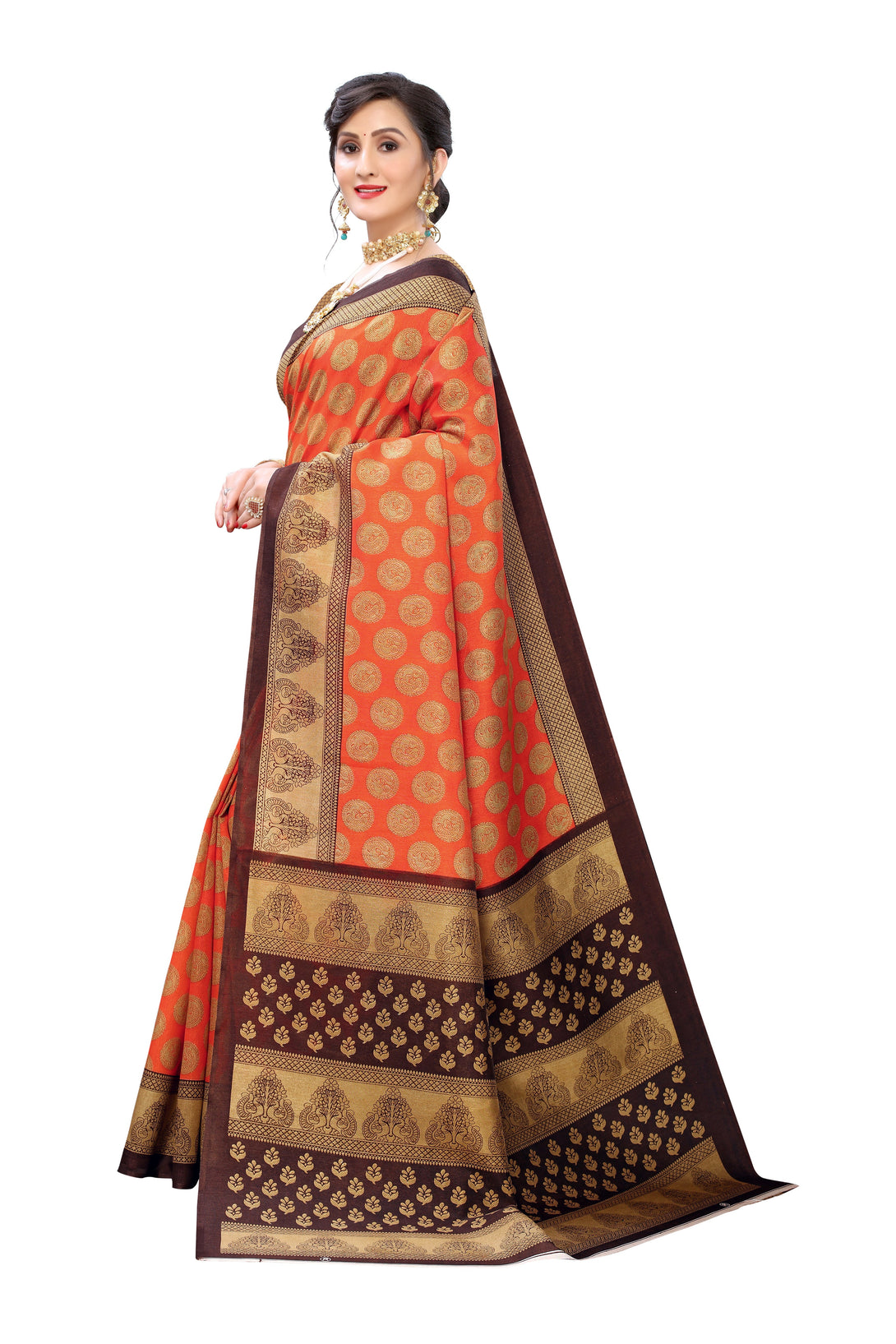 Women's Orange And Brown Lichi Silk Printed Saree - Dwija Fashion - Indiakreations