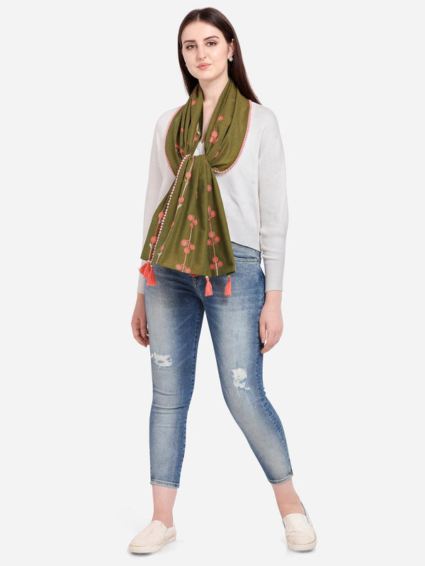 Women's Tiny Floral Bunch Olive Green Embroidered Stole - MESMORA FASHIONS - Indiakreations