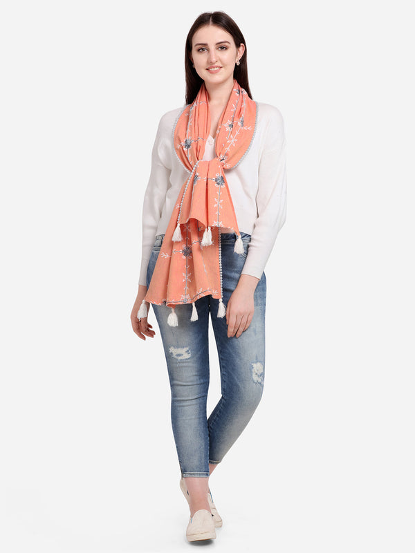 Women's   Peach Snowflake Embroidered rich khadi scarf/stole  -  MESMORA FASHIONS