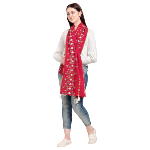 Women's Christmas Tree Worm Red Khadi Embroidered Stole/Scarf - MESMORA FASHIONS - Indiakreations