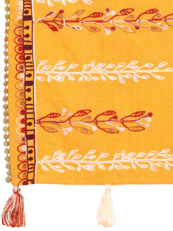 Women's   Earthy Grassroot Khadi Yellow Embroidered Stole/scarf - MESMORA FASHIONS