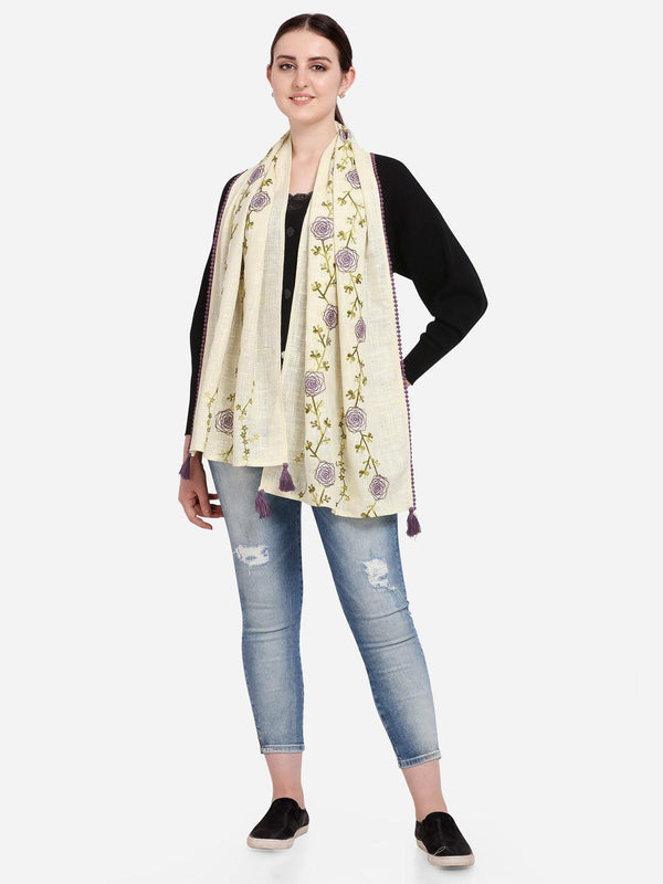 Women's Lemon Spring Floral Khadi Embroidered Stole / Scarf - MESMORA FASHIONS - Indiakreations