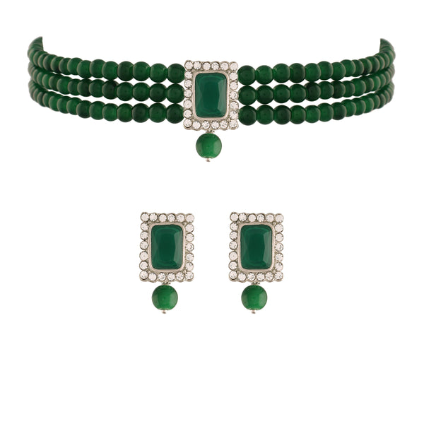 Women's  Rhodium Plated Green Stone Studded Pearl Choker Necklace Jewellery Set With Earrings - i jewels