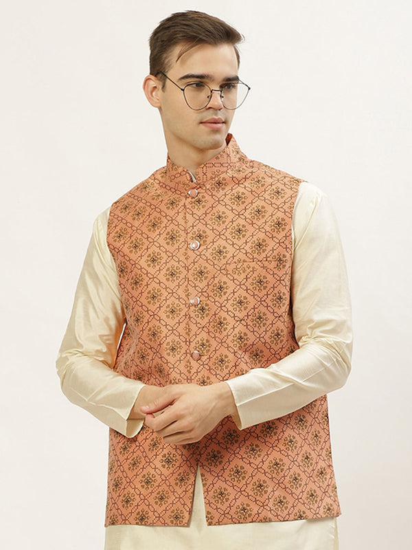 Men's Orange Printed Nehru Jacket ( JOWC 4031Orange ) - Virat Fashions