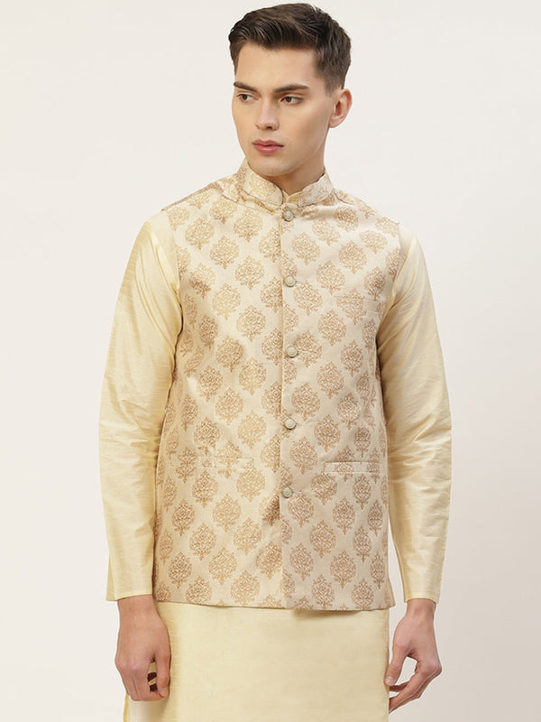 Men's Cream Printed Nehru Jacket ( JOWC 4032Cream ) - Virat Fashions