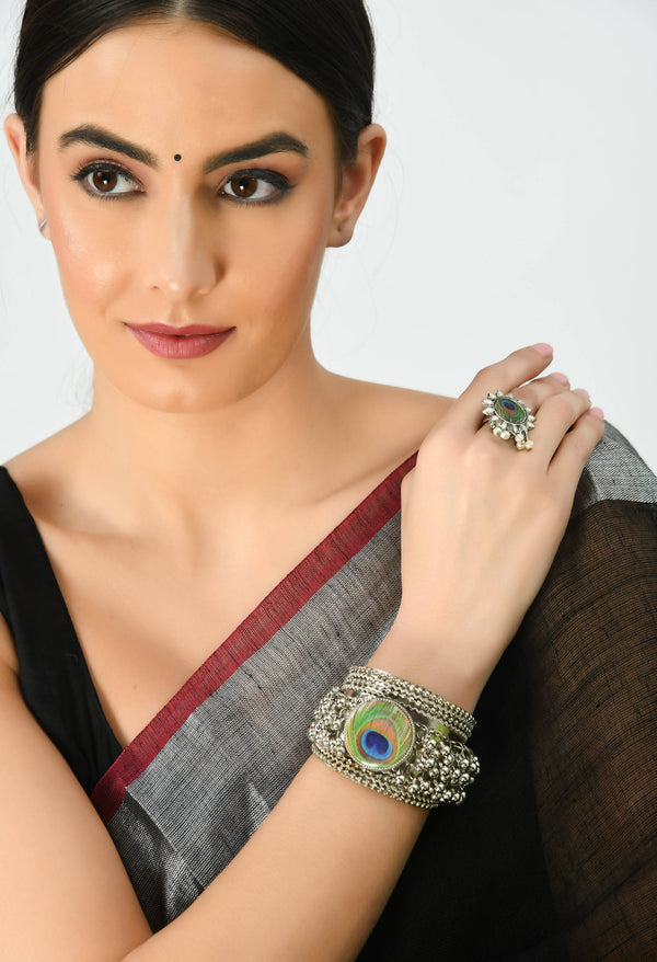 Johar Kamal Oxidised Silver-Plated Peacock Design Bracelet and Ring Jkbracelet_012