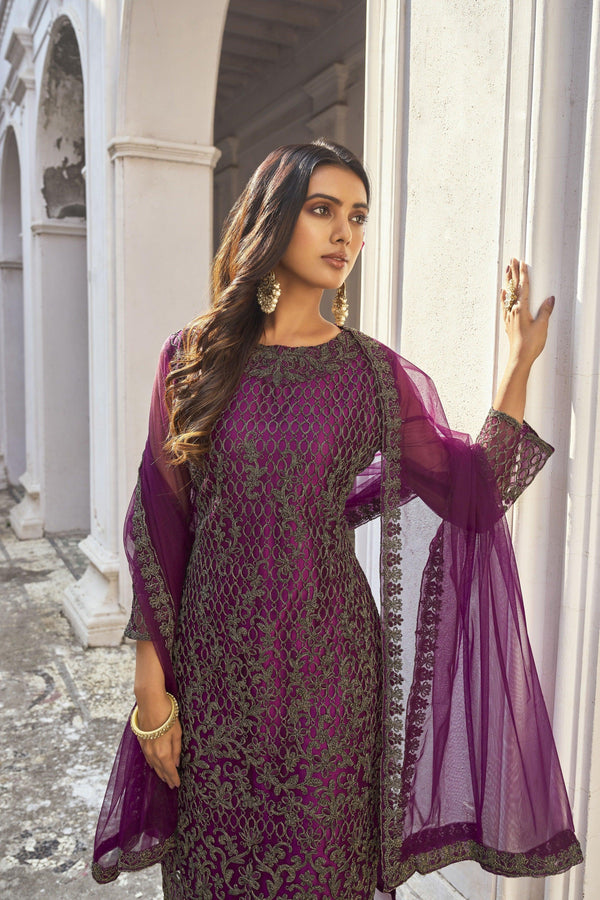 Stylish Purple Butterfly Net Heavy Embroidered Salwar Suit - Indiakreations