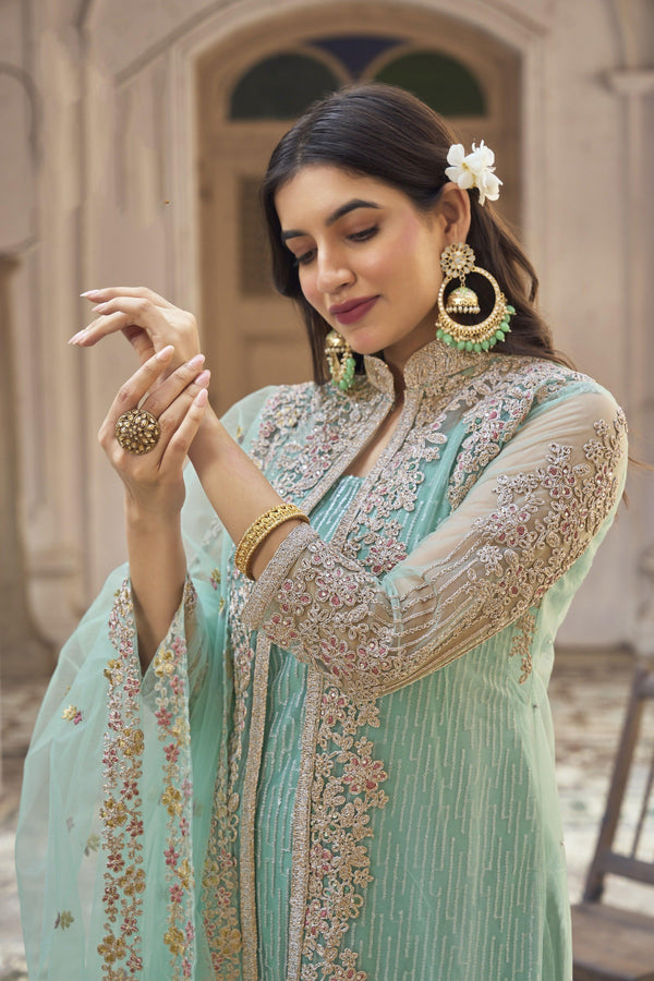 Gorgeous Designer Embroidered Stylish Salwar Suit In Sky - Indiakreations