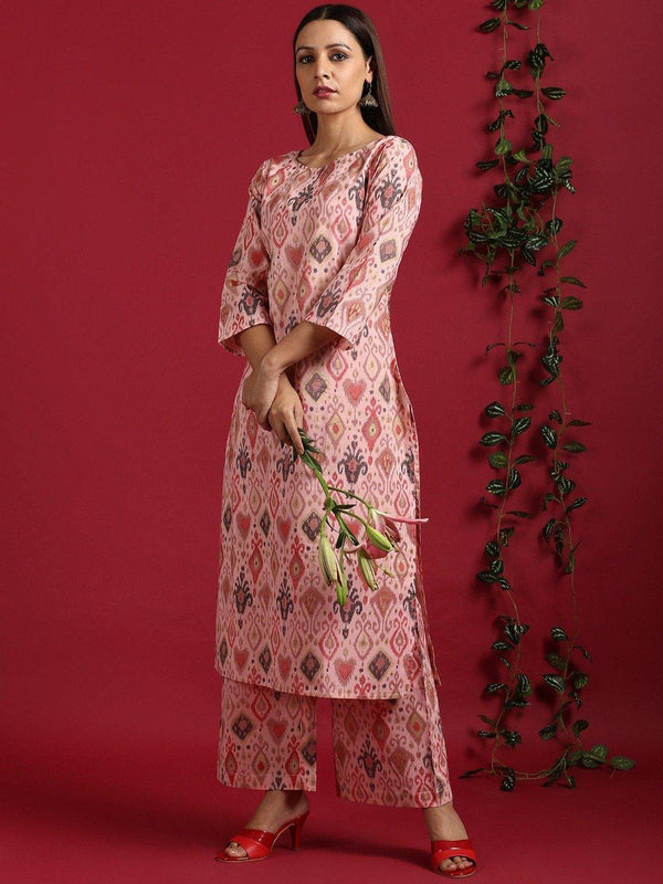 Women's Pink Cotton Kurta With Palazzo-Mansa - Indiakreations