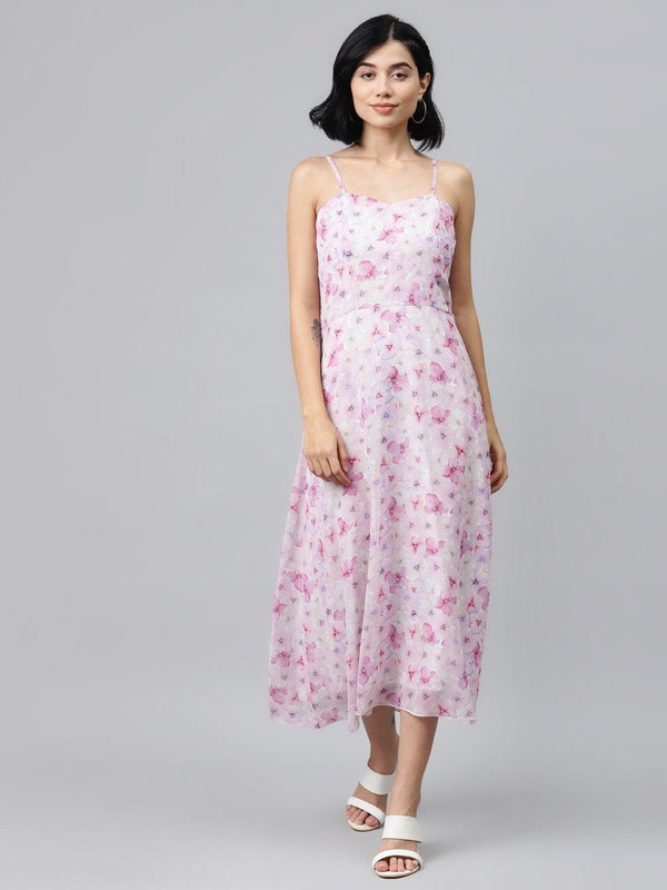Women's Pink Floral Strappy Midi Dress - SASSAFRAS - Indiakreations