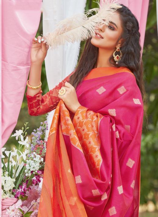 Women Pink Silk Saree by Sangam Prints (2 Pc Set) - Indiakreations