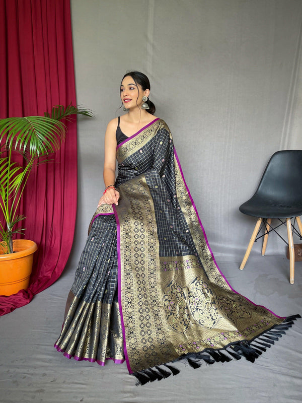 Women's Black Color Kalindi Soft Silk Checks Woven Saree Black - TASARIKA - Indiakreations
