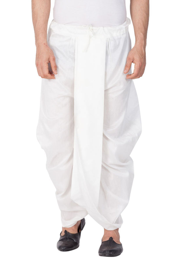 Men's White Cotton Silk Blend Dhoti - Vastramay
