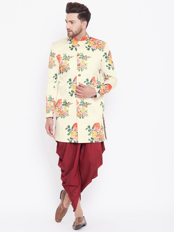 Men's Floral Printed Multicolor-Base-Cream And Maroon Silk Blend Sherwani Set - Vastramay