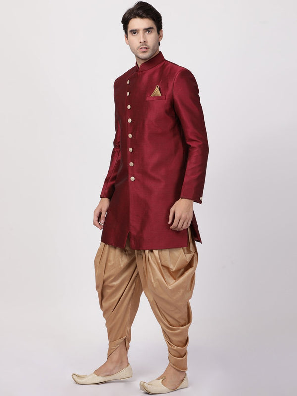 Men's Maroon Silk Blend Sherwani Set - Vastramay