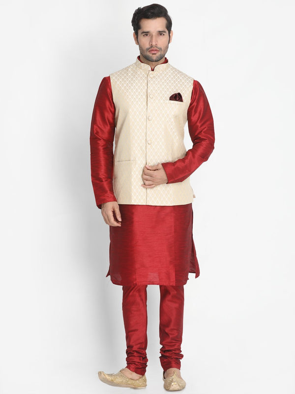 Men's Maroon Cotton Silk Blend Kurta, Ethnic Jacket and Pyjama Set - Vastramay