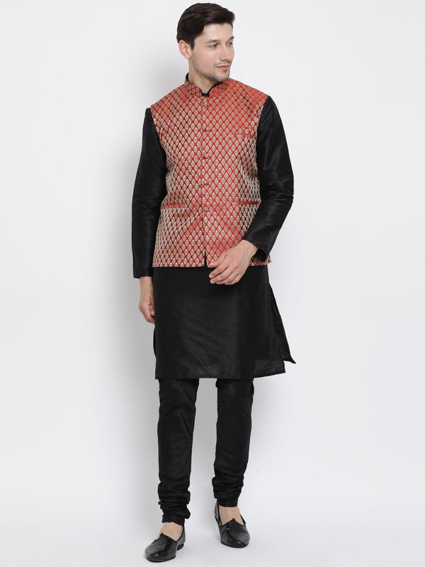 Men's Black Cotton Silk Blend Kurta, Ethnic Jacket and Pyjama Set - Vastramay
