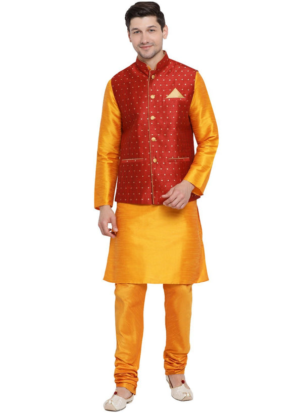 Men's Orange Cotton Silk Blend Kurta, Ethnic Jacket and Pyjama Set - Vastramay