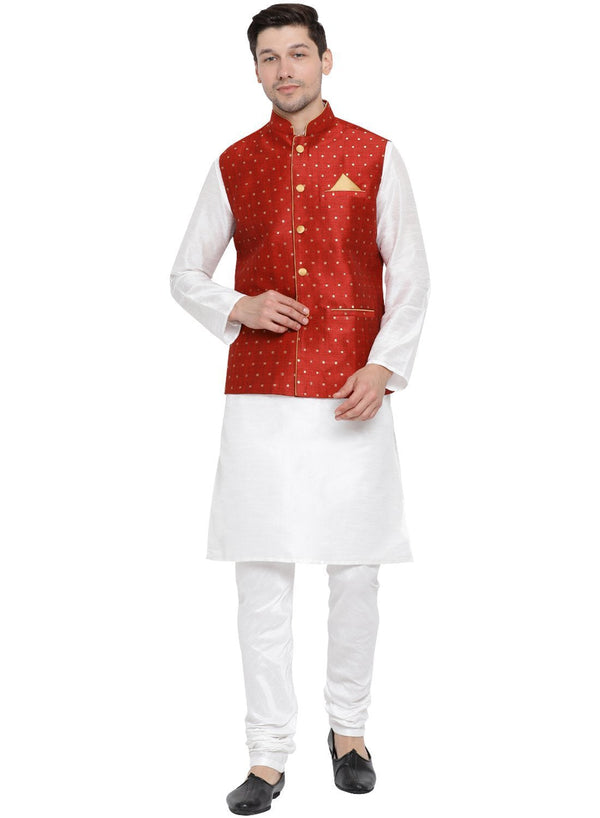 Men's White Cotton Silk Blend Kurta, Ethnic Jacket and Pyjama Set - Vastramay
