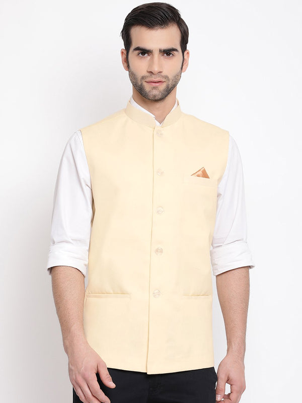 Men's Cream Solid Classic Royal Linen Nehru Jacket - Vastramay